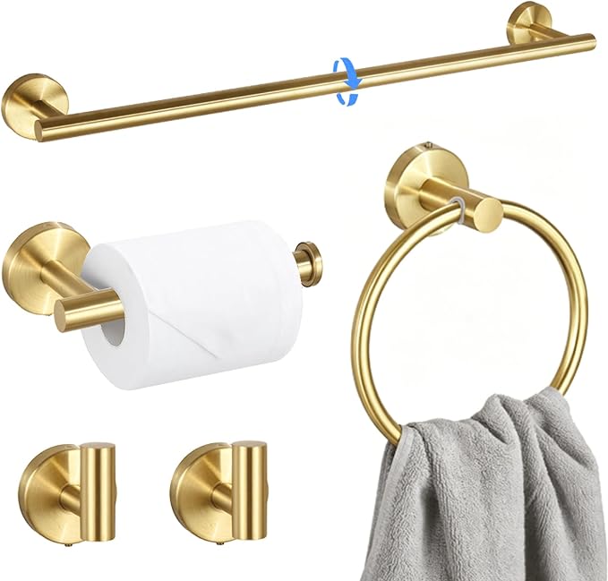 5 Pieces Brushed Gold Bathroom Accessories Set Bath Towel Bar Set | 24 Inch Towel Racks, 304 Stainless Steel, Modern Design, Sturdy and Rustproof, Easy to Install, Save Space, No Sharp Edges
