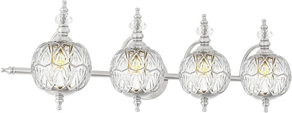 Brushed Nickel Bathroom Vanity Light Fixture Vintage Style - 4 Light G9 Bulb Compatible, 30" Wide Bathroom Lighting Over Mirror with Hand-Etched Glass Shades, Easy Mount for Makeup Area