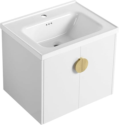 24 Inch Floating Vanity, 24" Bathroom Vanity with Sink, Single Sink Wall Mounted Vanity Combo, Modern Wall Mounted Cabinet Set with Ceramic Sink,White