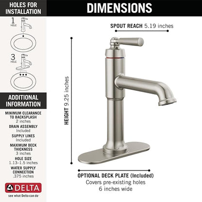 Delta Faucet Saylor Single Hole Bathroom Faucet Brushed Nickel, Single Handle Bathroom Faucet, Bathroom Sink Faucet, Diamond Seal Technology, Drain Assembly, Stainless 536-SSMPU-DST