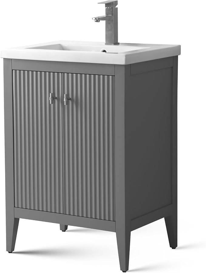 Vanity Art 24 inch Bathroom Vanity with Single Sink & Ceramic Top, Vanity Cabinet with Soft-Closing Door, Solid Wood Frame, Linear Pattern, Cashmere Gray, VA9124-G-MB,Matte Black Handles