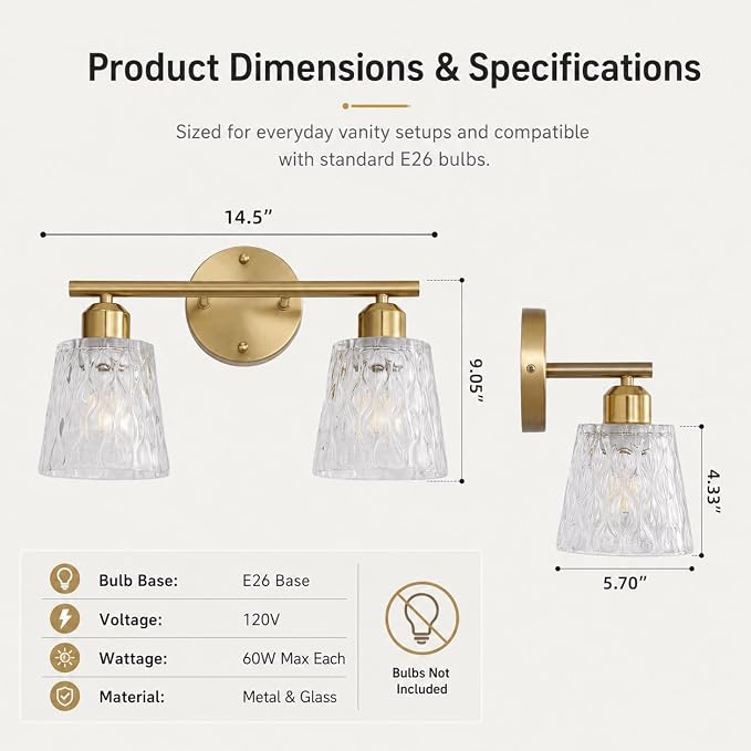 Brushed Gold Bathroom Vanity Light Over Mirror, 2-Light Stainless Steel Wall Mount Fixture with Textured Glass Shades, Modern Vanity Lighting, E26 Sockets (Bulbs Not Included)