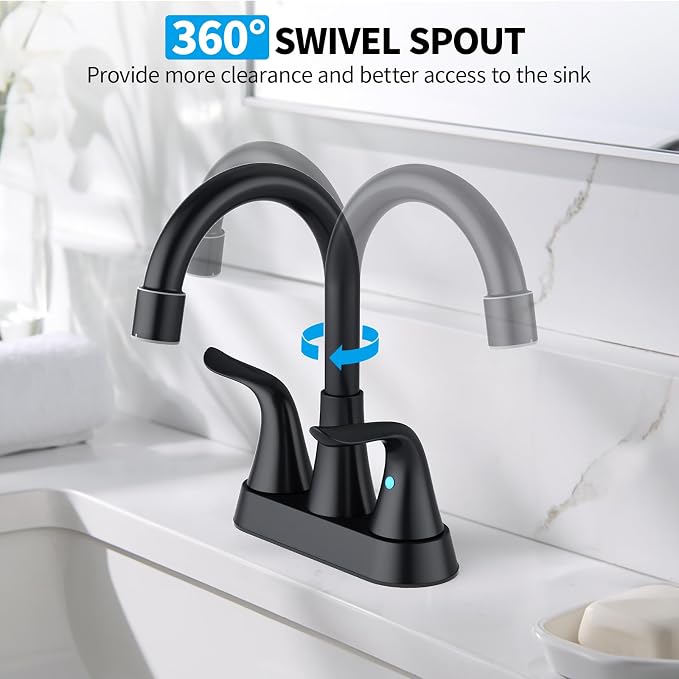 Bathroom Sink Faucet 4 inch, NSF Certified, 3 Hole, Matte Black | 2 or 3 Hole, Vanity Faucet with Pop-up Drain and 2 Supply Hoses, 2 Handle Touch on Bathroom Sink Faucets