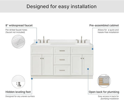 ARIEL Hamlet 66-inch Bathroom Vanity with Sink,Solid Wood, 1.5-inch Carrara White Quartz Countertop & Backsplash, Double Rectangular Porcelain Sink, 4 Soft Closing Doors, 3 Dovetail Drawers, White