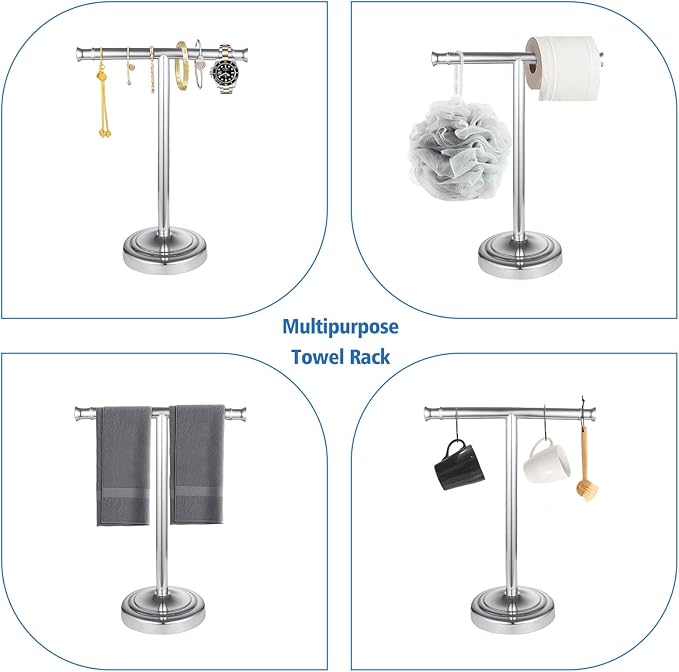 RUMOSE Polished Chrome Hand Towel Holder Stand Countertop Towel Rack | 13 Inch Bathroom Kitchen Vanity T-Shape Towel Stand Free Standing Stainless Steel Towel Bar Towel Ring