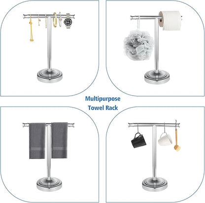 RUMOSE Polished Chrome Hand Towel Holder Stand Countertop Towel Rack | 13 Inch Bathroom Kitchen Vanity T-Shape Towel Stand Free Standing Stainless Steel Towel Bar Towel Ring