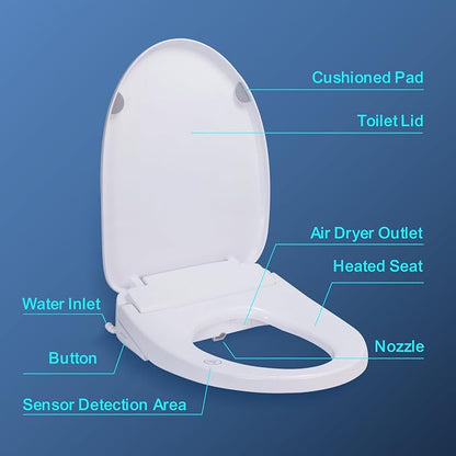 Electric Heated Bidet Toilet Seat with Adjustable Warm Water, Rear & Front Wash, Warm Air Dryer, Self-Cleaning Nozzle, Soft Close, Nightlight, Remote Control,Elongated