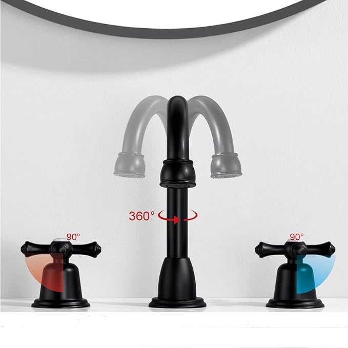 RKF Bathroom Faucets for Sink 3 Hole Matt Black 8 inch Widespread Bathroom Sink Faucet with Drain 2 Handles Cross Knobs Faucet Vanity Faucet Basin Mixer Tap with Hose & Deck CWF039-MB