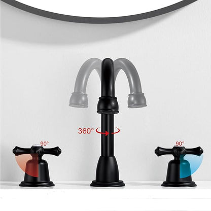 RKF Bathroom Faucets for Sink 3 Hole Matt Black 8 inch Widespread Bathroom Sink Faucet with Drain 2 Handles Cross Knobs Faucet Vanity Faucet Basin Mixer Tap with Hose & Deck CWF039-MB