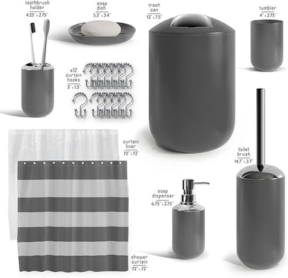 Clara Clark Bathroom Set - Gray Bathroom Accessories Set, 20PC Bathroom Accessory Set, Shower Curtain Set with Liner, Toothbrush Holder, Soap Dispenser, Soap Dish, Toilet Brush Holder, and Trash Can