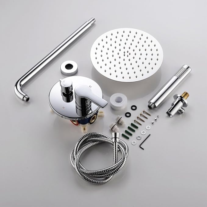 TIPOK Shower System with Rain Shower and Handheld, Bathroom Chrome Shower Faucet with High Pressure, Round Rain Shower Trim Kit