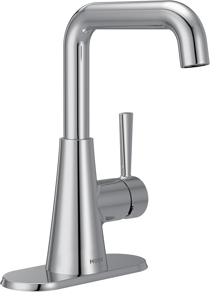Moen Ronan Chrome Double Bend Single Hole Modern Bathroom Sink Faucet with Optional Deckplate and Spring Loaded Drain Assembly, 84024
