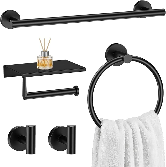 Black 5-Piece Bathroom Hardware Set, 23.6 Inch Towel Bar Set SUS304 Stainless Steel Towel Racks for Bathroom Round Towel Bar, Towel Ring, Toilet Paper Holder, 2 Robe Hooks, Wall Mounted