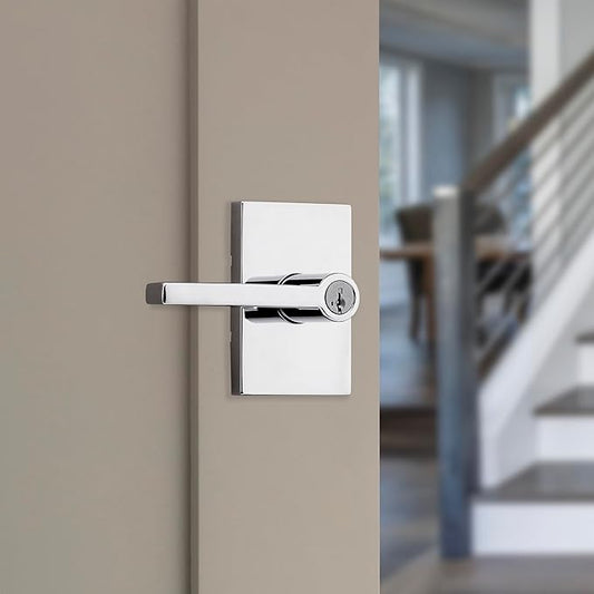 Kwikset Halifax Entry Door Handle with Lock and Key, Secure Keyed Reversible Lever Exterior, for Front Entrance and Bedrooms, Polished Chrome, Pick Resistant Smartkey Rekey Security
