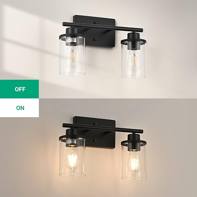 EDISHINE Bathroom Light Fixtures, 2-Light Bathroom Vanity Light with Clear Glass Shades, Matte Black Vanity Lights, Vintage Wall Sconces for Bedroom Living Room Hallway, E26 Base (Bulbs Not Included) | E26 Base (Bulbs Not Included), Vintage Wall Sconce...