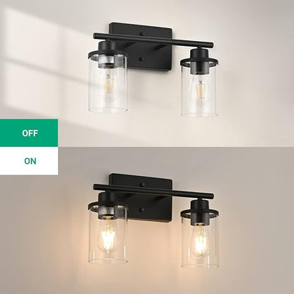 EDISHINE Bathroom Light Fixtures, 2-Light Bathroom Vanity Light with Clear Glass Shades, Matte Black Vanity Lights, Vintage Wall Sconces for Bedroom Living Room Hallway, E26 Base (Bulbs Not Included) | E26 Base (Bulbs Not Included), Vintage Wall Sconce...