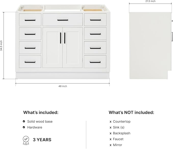 ARIEL Hepburn 48-inch Bathroom Vanity Base Cabinet,Solid Wood, 2 Soft Closing Doors, 9 Dovetail Drawers, White
