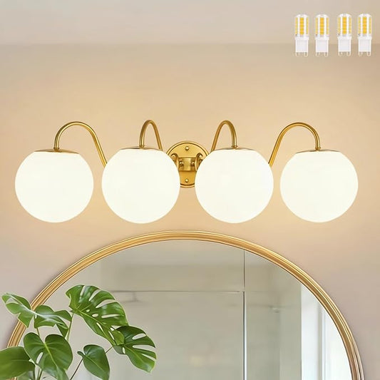 4 Lights Vintage Bathroom Vanity Light Fixtures Over Mirror, Brushed Gold Vanity Lights For Bathroom With Milk White Glass Globe Shade, Wall Lights For Bedroom, Hallway, Dressing Table(G9 Incl.)