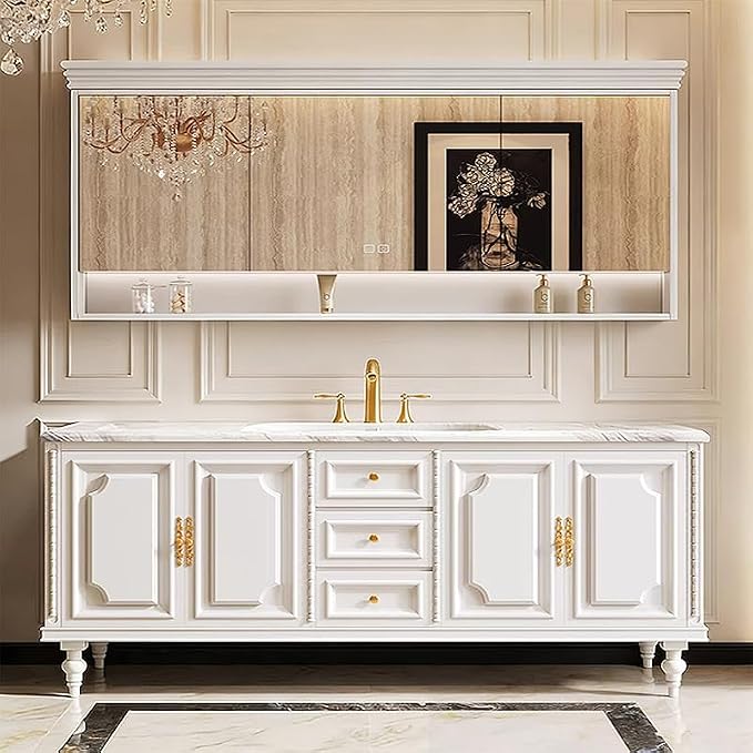 Bathroom Vanity with Single/Double Sink,Smart Defogging Mirror and Cabinet,48-92IN French Elegant Style Solid Wood Floor Standing Vanity