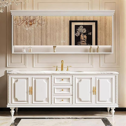 Bathroom Vanity with Single/Double Sink,Smart Defogging Mirror and Cabinet,48-92IN French Elegant Style Solid Wood Floor Standing Vanity