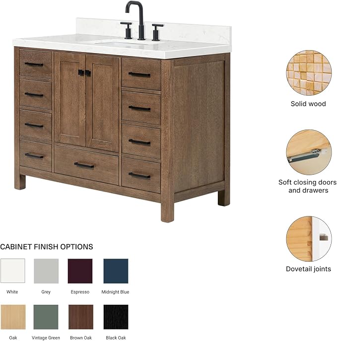 DKB Beckford 48-Inch Brown Oak Single Bathroom Vanity with Sink, 1.5-Inch Edge Carrara White Quartz Countertop & 4" Backsplash, Soft-Closing Doors & Drawers, Solid Oak Wood Construction
