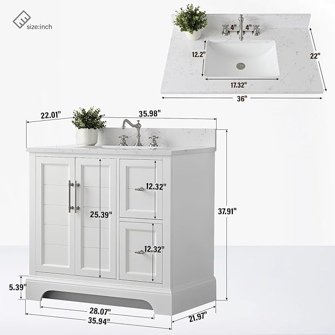 HOMEBEYOND 36 Inch Bathroom Vanity with Single Sink & Ceramic Top, Vanity Cabinet with Center Countertop Basin, Soft-Closing Doors, Backsplash, White