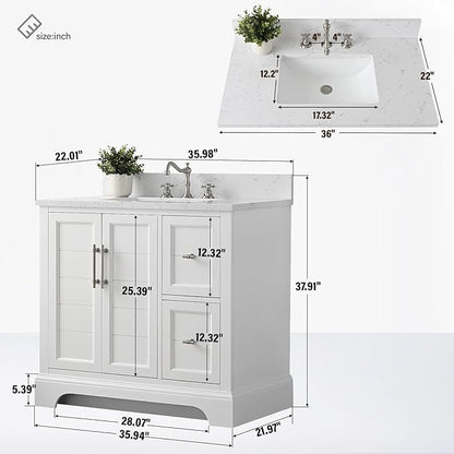 HOMEBEYOND 36 Inch Bathroom Vanity with Single Sink & Ceramic Top, Vanity Cabinet with Center Countertop Basin, Soft-Closing Doors, Backsplash, White