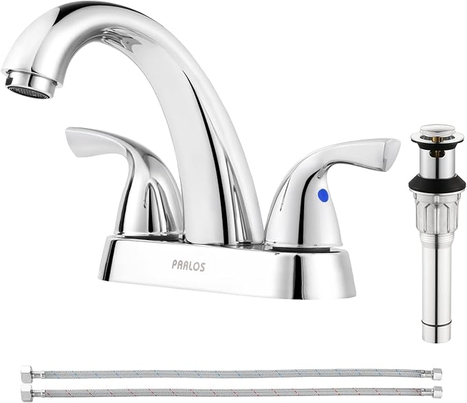 PARLOS 2-Handle Bathroom Sink Faucet with Drain Assembly and Supply Line Lead-Free cUPC Lavatory Faucet Mixer Double Handle Tap Deck Mounted, Chrome, 1359801