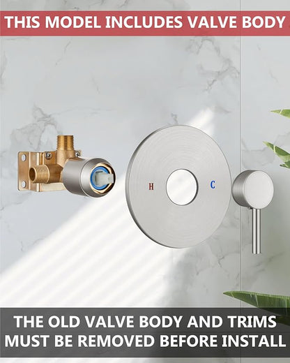 Shower Faucet with Valve, Shower Valve Kit and Head, Single Handle Shower Faucet Set with Rough-In Valve, Shower Trim Kit, Brushed Nickel