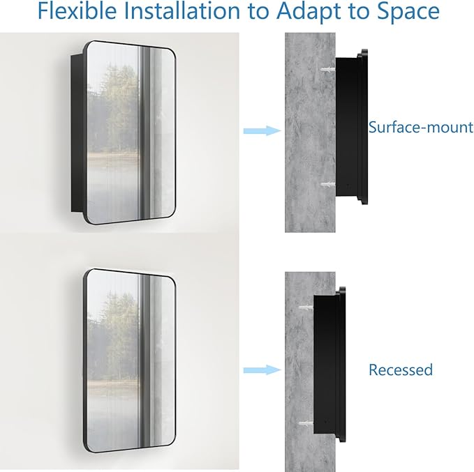 16x26 Inch Bathroom Medicine Cabinet with Mirror, Recessed or Surface Wall-Mounted, Black Mirror Cabinets with 3 Removable Shelves, for Bedroom Kitchen Laundry Room