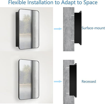 16x26 Inch Bathroom Medicine Cabinet with Mirror, Recessed or Surface Wall-Mounted, Black Mirror Cabinets with 3 Removable Shelves, for Bedroom Kitchen Laundry Room