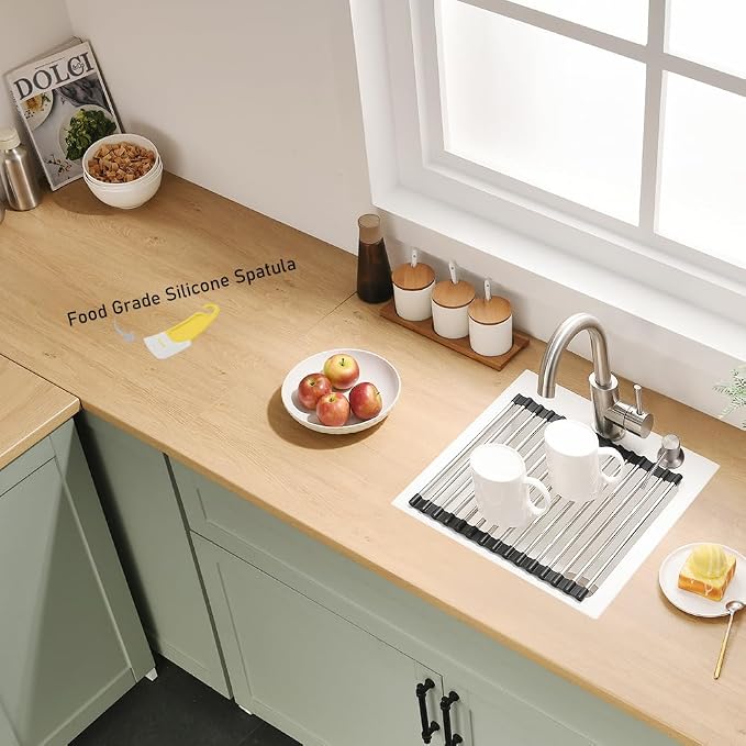 18 Inch Drop In Kitchen Sink, White | Granite Composite Drop In Sink Single Bowl Outdoor Quartz Rectangular Topmount Deep Basin with Small Rubber Squeegee,18x19x10