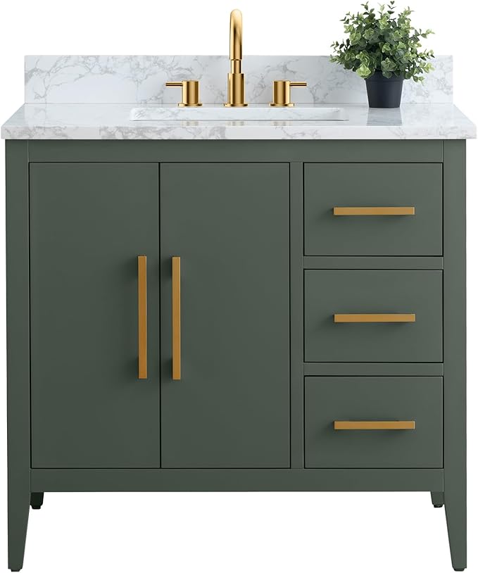 Vanity Art 36 inch Bathroom Vanity with Single Sink & Ceramic Top, Vanity Cabinet with Soft-Closing Doors, Drawers, Solid Wood Frame, Vintage Green, VA9036-VG-GB1