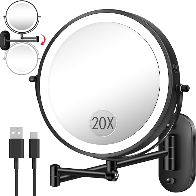 20X 9" Wall Mounted Magnifying Makeup Mirror with Light Height Adjustable | 5000mAh Double Sided Rechargeable LED Lighted Vanity Mirror with Magnification 3 Color Light up Extended Arm 360 Rotation