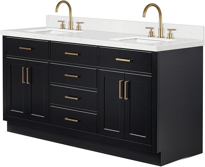 ARIEL Hepburn 66-inch Bathroom Vanity with Sink,Solid Wood, 1.5-inch Carrara White Quartz Countertop & Backsplash, Double Rectangular Porcelain Sink, 4 Soft Closing Doors, 6 Dovetail Drawers, Black