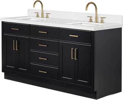 ARIEL Hepburn 66-inch Bathroom Vanity with Sink,Solid Wood, 1.5-inch Carrara White Quartz Countertop & Backsplash, Double Rectangular Porcelain Sink, 4 Soft Closing Doors, 6 Dovetail Drawers, Black