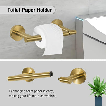 5 Piece Modern Style Wall Mounted Bathroom Hardware Set | #304 Stainless Steel, 24" Towel Bar Mount, Towel Rings, 2 Pillar Toilet Paper Holder, Bathrobe Hook (Brushed Gold)