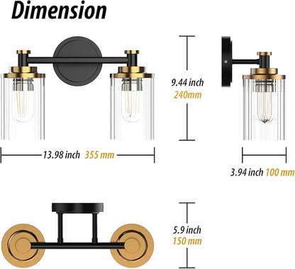 Bathroom Lighting Fixtures Black and Brass Bathroom Vanity Light with Cylindrical Clear Stripes Glass Lampshade E26 Socket Base Bathroom Lighting Fixtures Over Mirror (2 Lights)