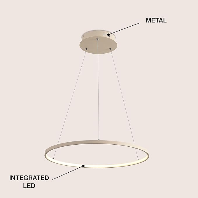 JONATHAN Y 23.75" Beige Modern Integrated LED Pendant Light, Dimmable Round Hoop Chandelier for Kitchen Island, Dining Room, Adjustable Height Metal Hanging Light (JYL7203H)