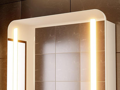 32x24 inch LED Lighted Bathroom Medicine Mirror Cabinet with Sockets & USBs, Anti-Fog Dimmable Light and Color Adjustment, Adjustable Shelves, Flat-Pack Design – Assembly Required