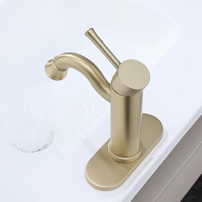 Bropury Hot and Cold Mixed Water Bathroom Sink Faucet, Single Handle 1 or 3 Hole Stainless Steel Vanity Faucet for Bathroom Sink (Contemporary, Brushed Gold)
