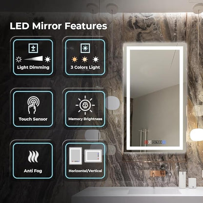 20x30 Inch Rectangular LED Bathroom Mirror with Lights Front and Backlit, 3 Color Modes, Touch Dimmer, Anti-Fog - Wall Mounted Vanity Mirror for Bathroom, Bedroom - Fab Glass and Mirror