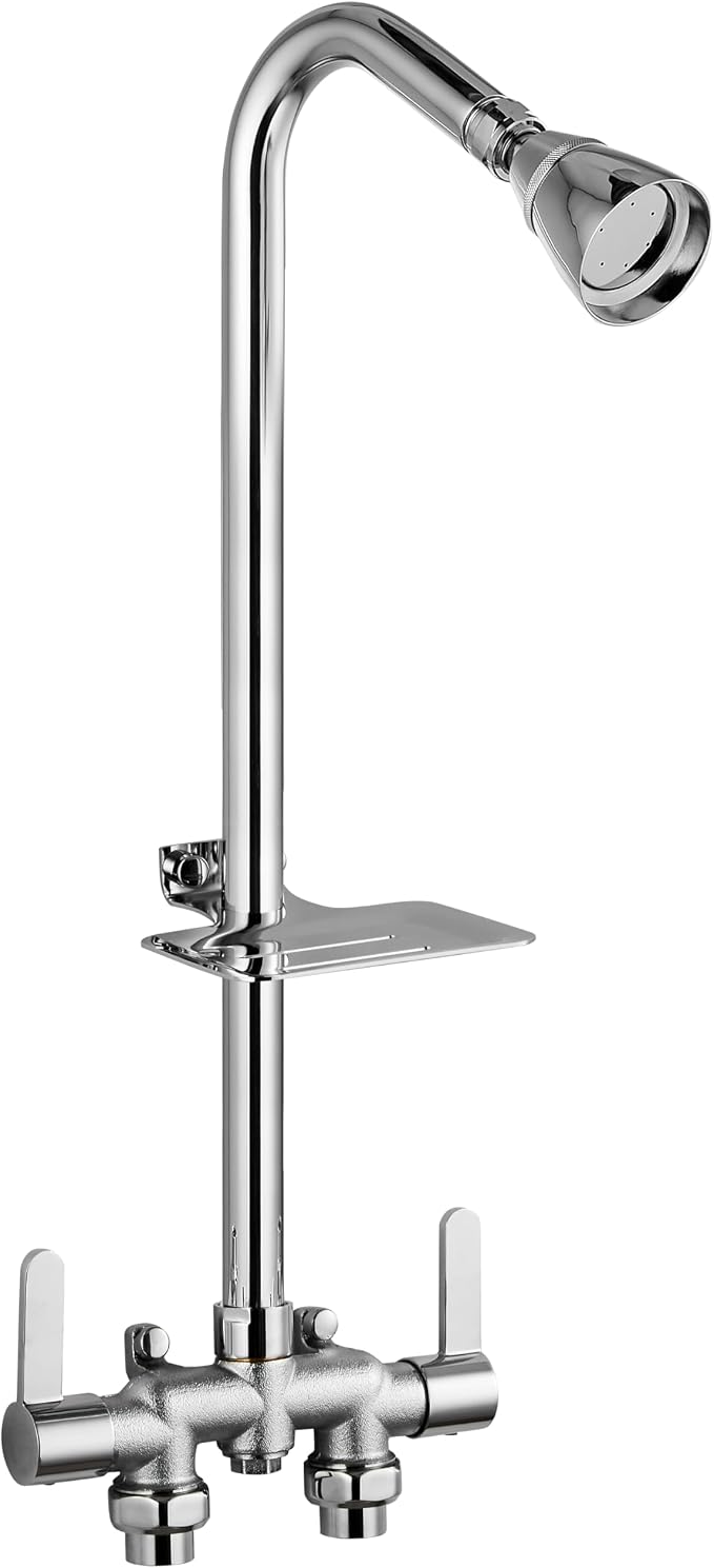 Aolemi Outdoor Shower Kit, Downward-Facing Inlets, Polish Chrome | 3-Inch Center Hot And Cold Mixer Valve, Dual Handles, with Soap Dish For Convenient Outdoor Shower Use