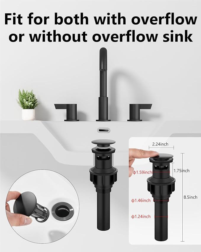 Bathroom Sink Faucet 3 Hole 8 Inch Widespread 2-Handle Vanity Faucet SUS304 Stainless Steel with Pop-Up Drain and Supply Lines Matte Black