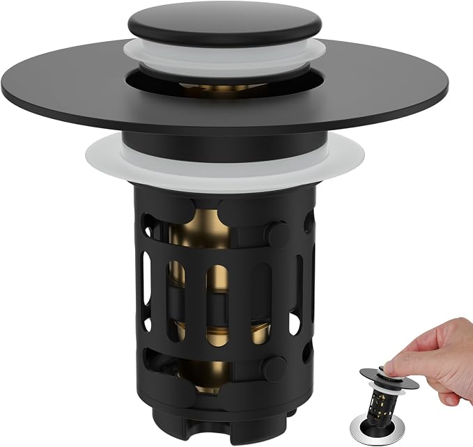 Hibbent Universal Bathroom Sink Drain Strainer, Upgraded 3 in 1 Pop Up Stopper, Removable Stainless Steel Filter Basket, Brass Bullet Core, Hair Catcher Sink Plug for 1.1''~2.36'' Hole, Matte Black