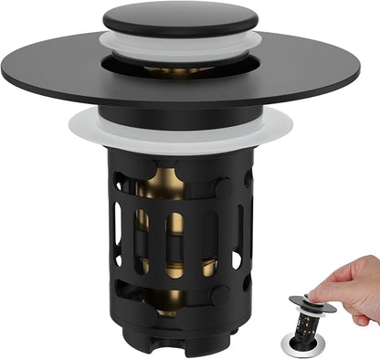 Hibbent Universal Bathroom Sink Drain Strainer, Upgraded 3 in 1 Pop Up Stopper, Removable Stainless Steel Filter Basket, Brass Bullet Core, Hair Catcher Sink Plug for 1.1''~2.36'' Hole, Matte Black