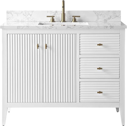 HOMEBEYOND 42" Bathroom Vanity with Sink, Solid Wood Bathroom Vanity Free-Standing Cabinet, Drawers, Ceramic Top & Soft Closing Door, Golden Brushed Handware, White
