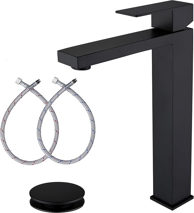 Matte Black Vessel Sink Faucet, Single Hole Tall Bathroom Faucet | Stainless Steel 1 Hole Black Matte Faucet for Bathroom Sink, Tall Vanity Faucet with Pop Up Drain