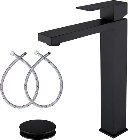 Matte Black Vessel Sink Faucet, Single Hole Tall Bathroom Faucet | Stainless Steel 1 Hole Black Matte Faucet for Bathroom Sink, Tall Vanity Faucet with Pop Up Drain
