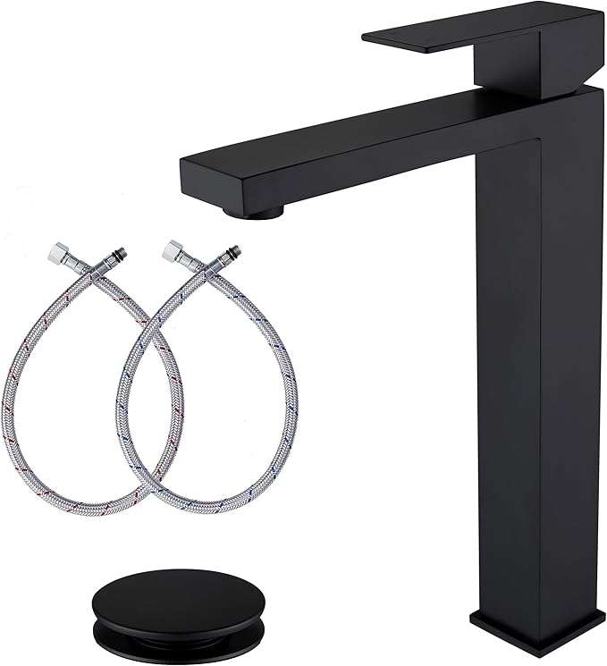 Matte Black Vessel Sink Faucet, Single Hole Tall Bathroom Faucet | Stainless Steel 1 Hole Black Matte Faucet for Bathroom Sink, Tall Vanity Faucet with Pop Up Drain